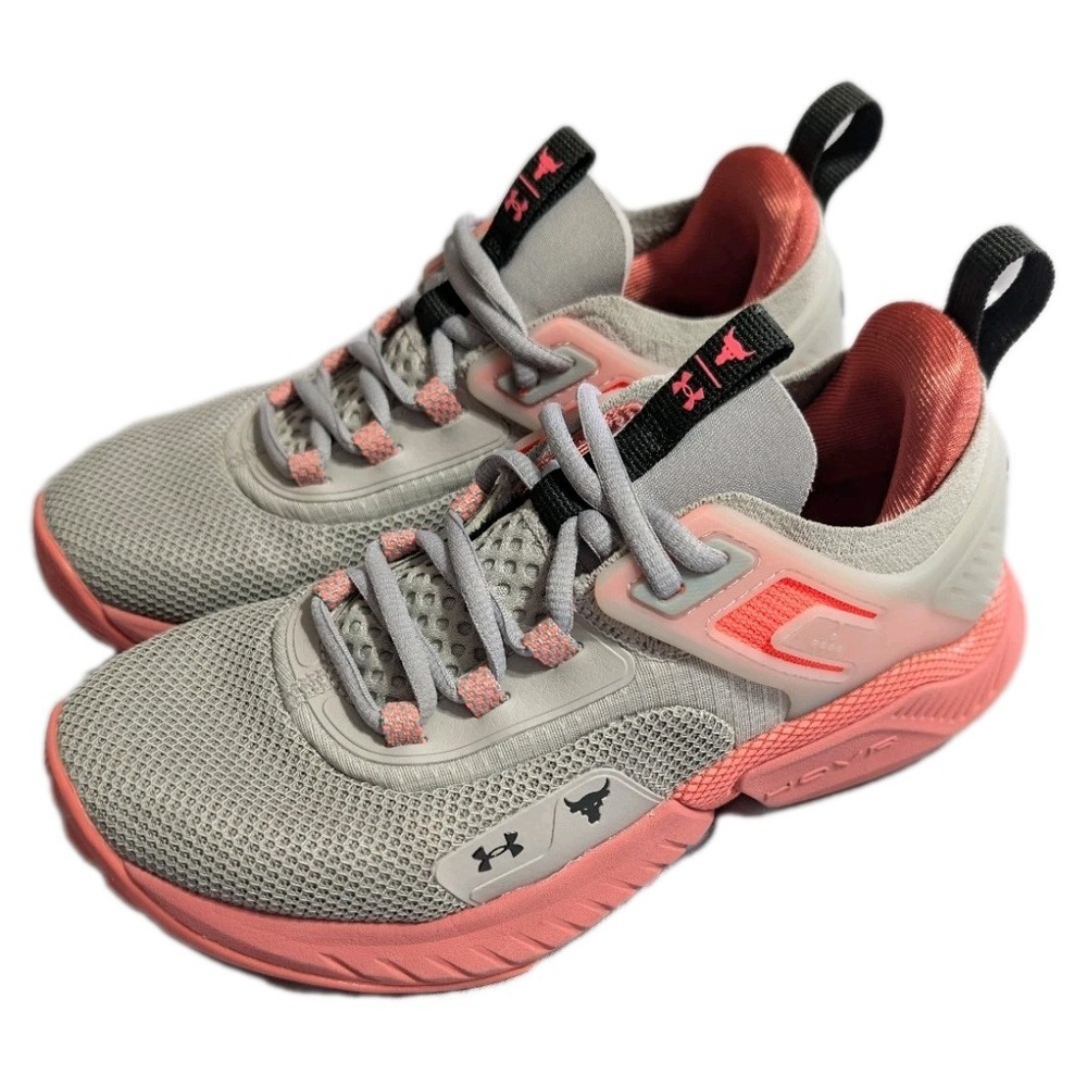 Under‎ Armour Project Rock HOVR Training Shoes Womens 6.5 Gray Pink Gym